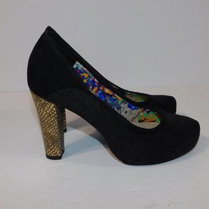 Hush Puppies Black sparkle Block platform Gold Scale Heels Shoe Womens 6.5